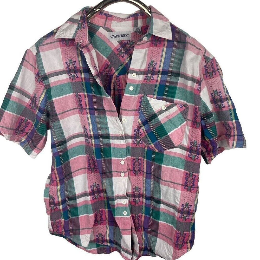 Vintage Cabin Creek‎ Pink Green Aztec Print Plaid 100% Cotton Top Size L